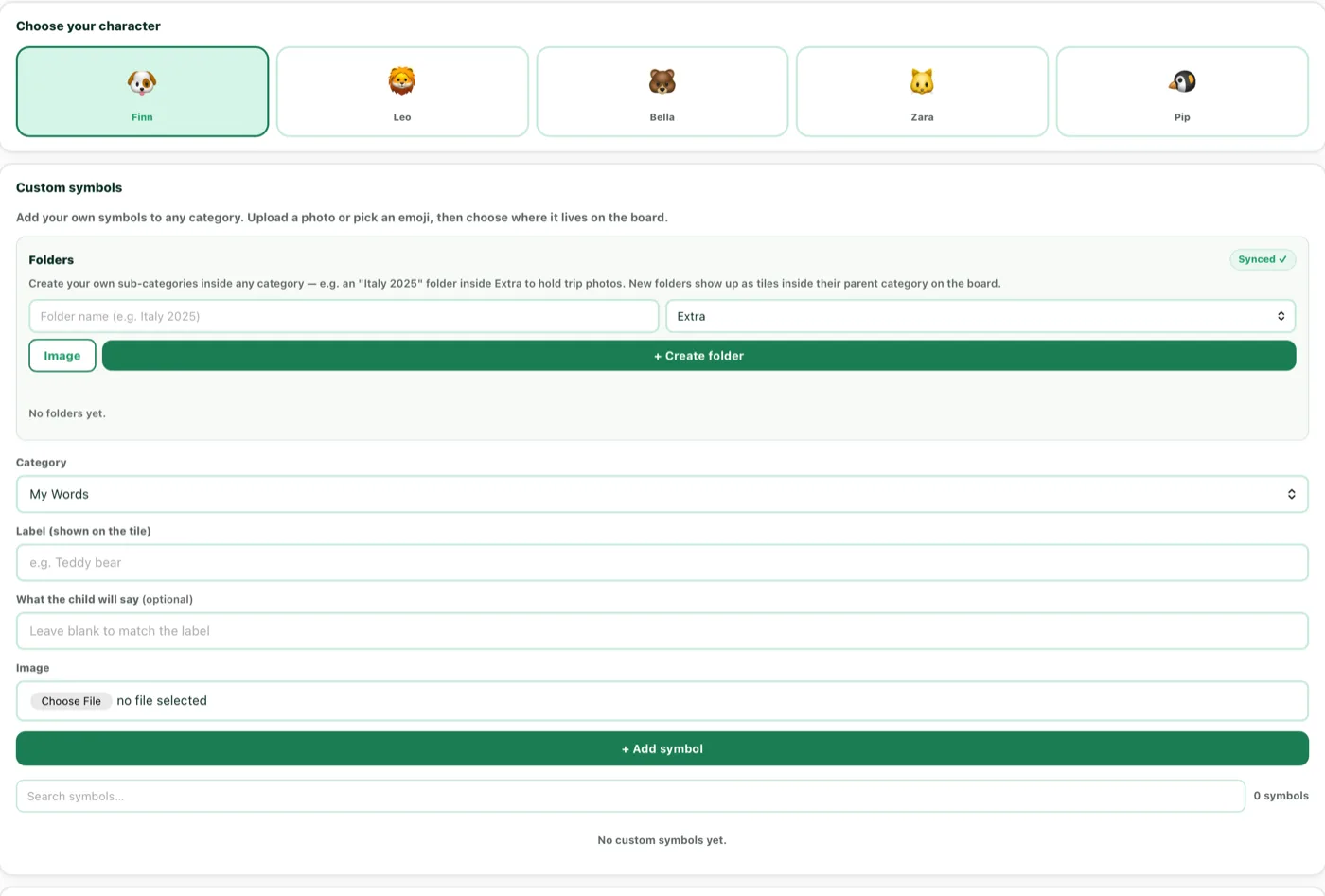VoiceBloom Settings — choose a character and add custom symbols