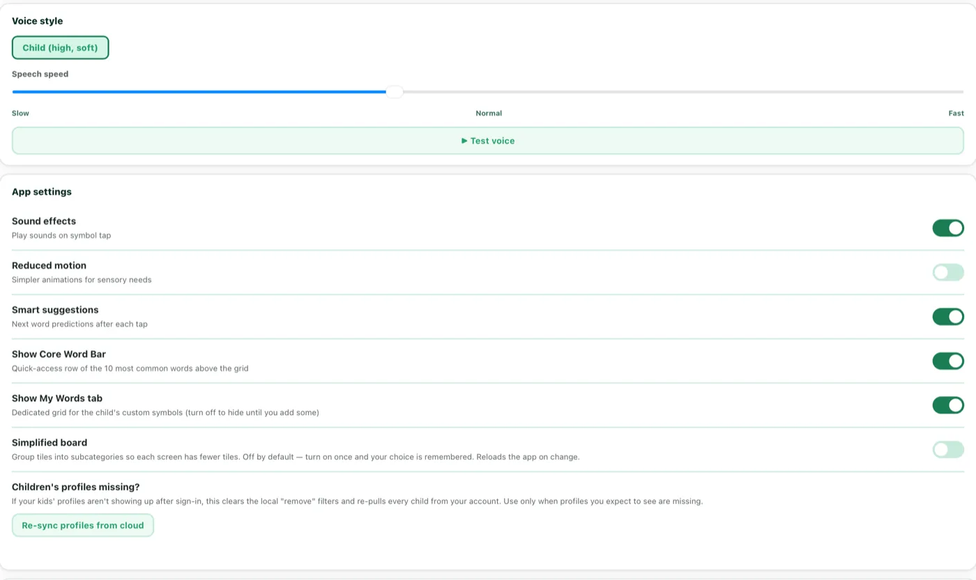 VoiceBloom Settings — voice style and app settings