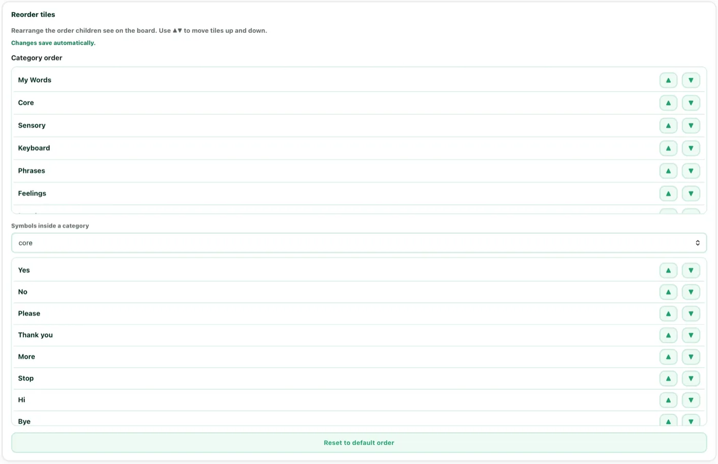 VoiceBloom Settings — reorder categories and symbols