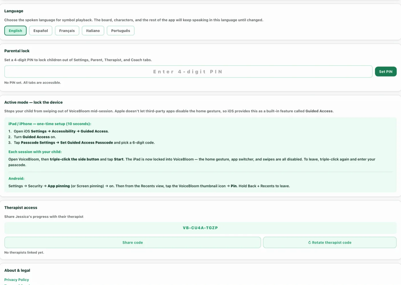 VoiceBloom Settings — language, parental lock, Guided Access, and therapist access