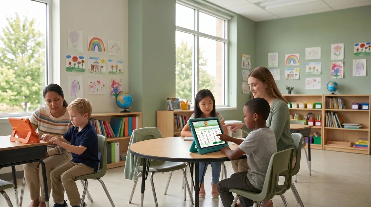 Teacher and students using VoiceBloom on tablets in a classroom