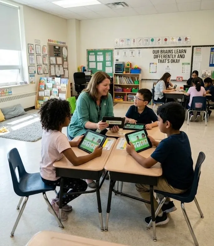 Teacher and students using VoiceBloom in classroom