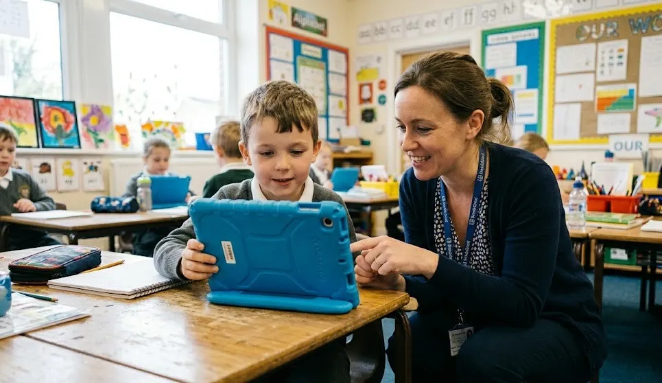 Child and teacher using VoiceBloom AAC app on a tablet in a classroom