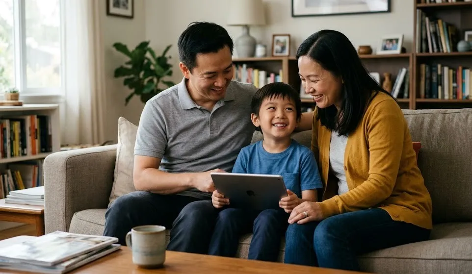 Family using VoiceBloom AAC app together on a tablet at home